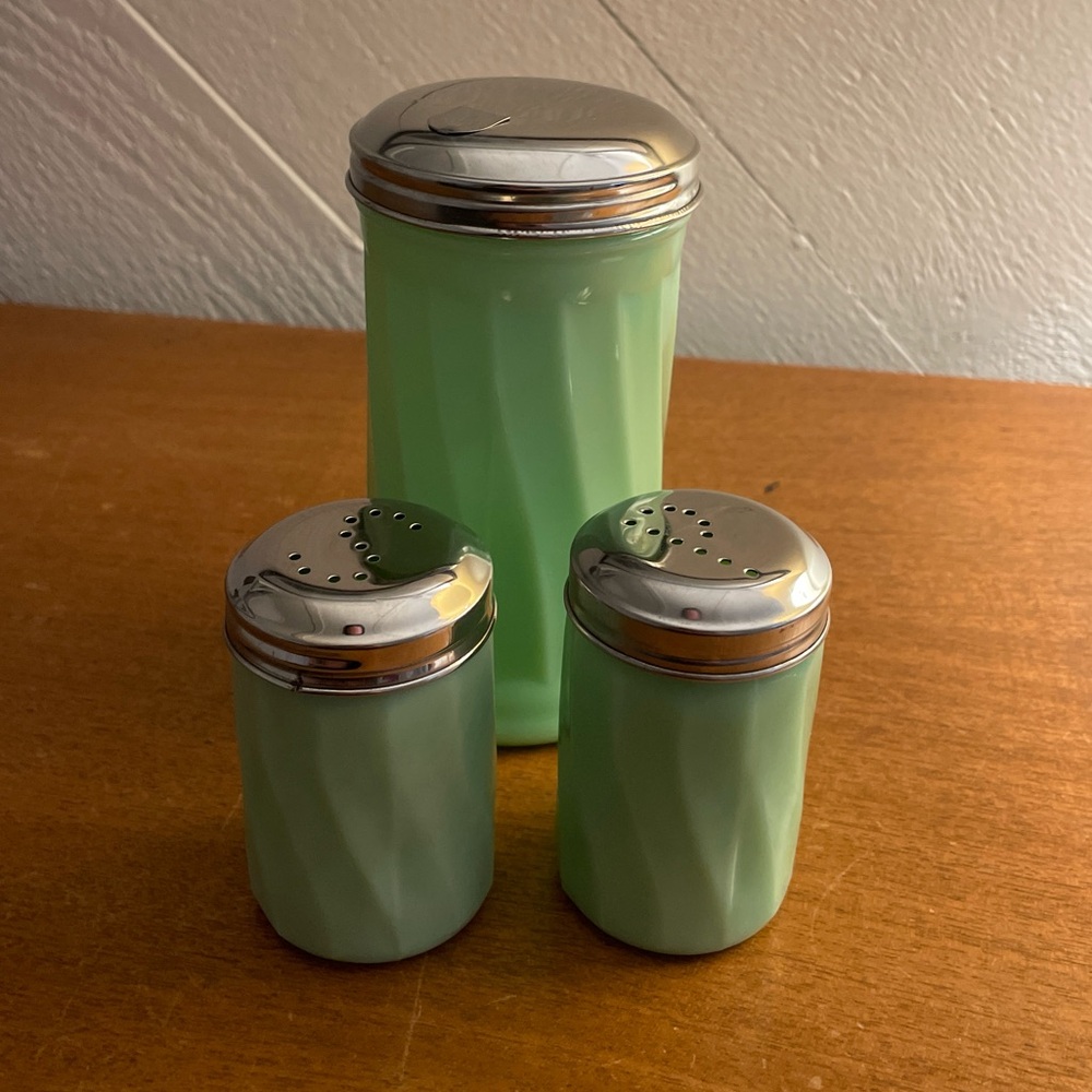 Jadeite salt pepper sugar shakers